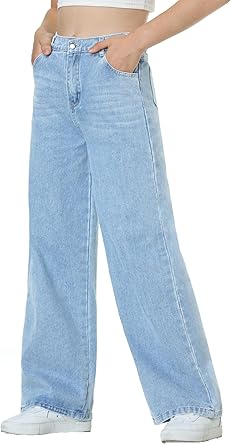 EXARUS Girls Jeans Pants Wide Leg Denim Pant Ripped High Waist Elastic Band Casual with Pockets Kids 6-14Y