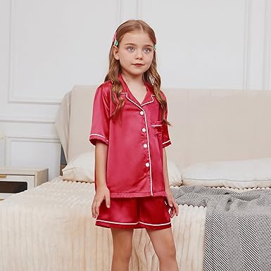 QPANCY Kids Satin Pajamas Sets Silk Sleepwear 2 Piece