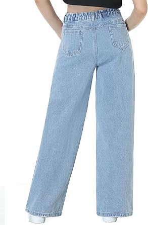 EXARUS Girls Jeans Pants Wide Leg Denim Pant Ripped High Waist Elastic Band Casual with Pockets Kids 6-14Y