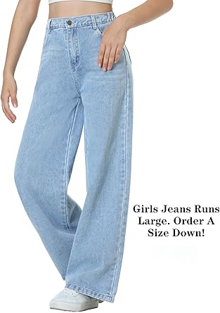 EXARUS Girls Jeans Pants Wide Leg Denim Pant Ripped High Waist Elastic Band Casual with Pockets Kids 6-14Y