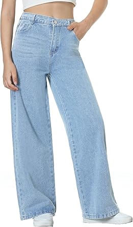 EXARUS Girls Jeans Pants Wide Leg Denim Pant Ripped High Waist Elastic Band Casual with Pockets Kids 6-14Y