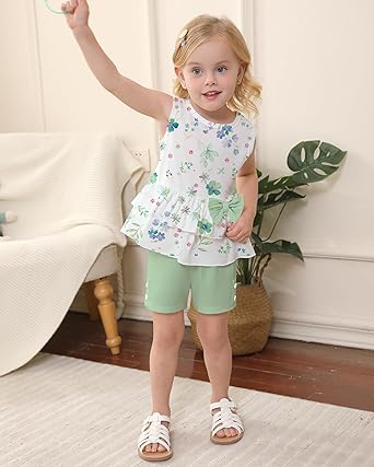 2Pcs Baby Girl Summer Outfits Sleeveless Bow Knot Tank Shirts Tops + Shorts