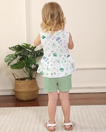 2Pcs Baby Girl Summer Outfits Sleeveless Bow Knot Tank Shirts Tops + Shorts