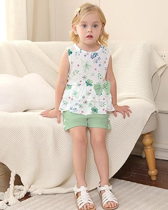 2Pcs Baby Girl Summer Outfits Sleeveless Bow Knot Tank Shirts Tops + Shorts